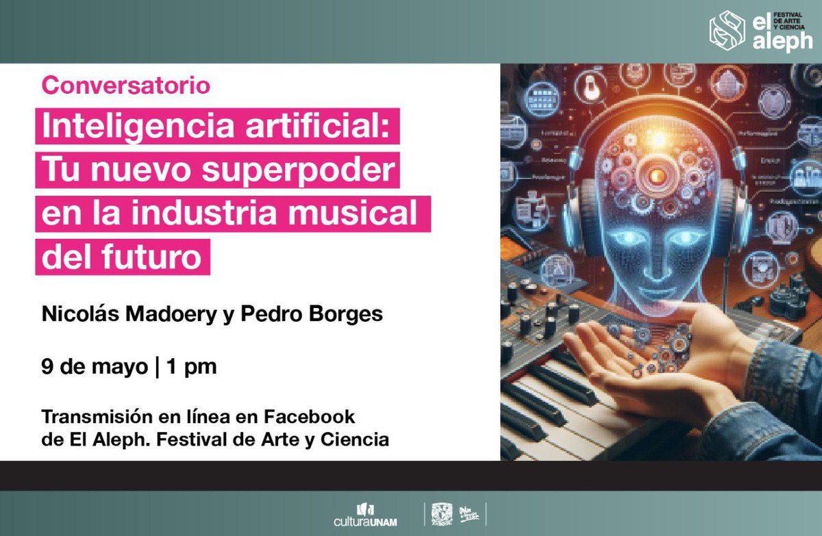 ¡Atención, músic@s! Desde la composición hasta la producción, la Inteligencia Artificial está transformando la música. Conoce sus herramientas en esta charla interactiva con @NicolasMadoery y Pedro Borges. 9 de mayo, en línea.👉 t.ly/nRNIX @FestivalElAleph