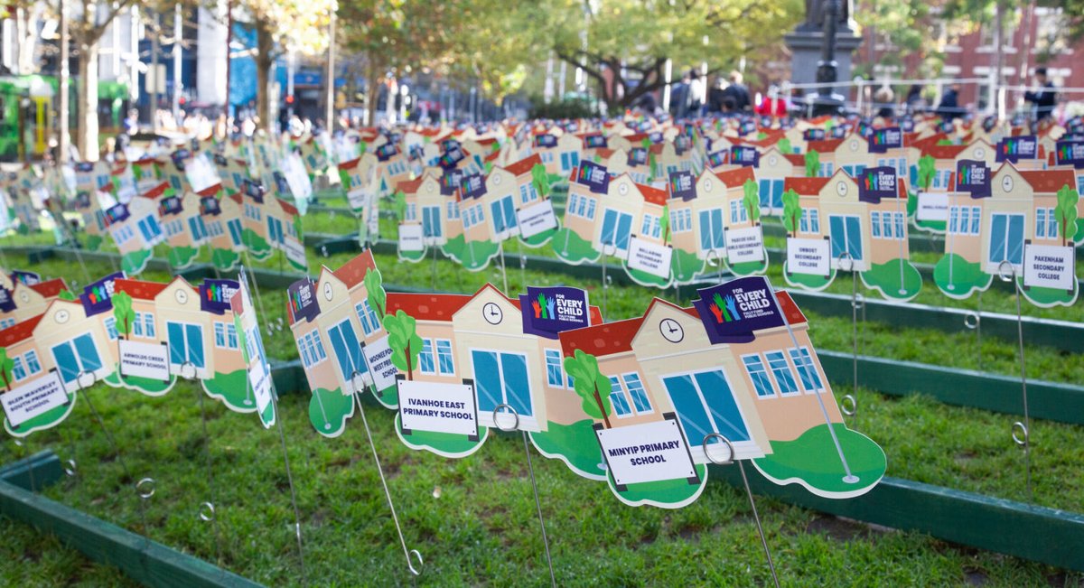 Today we planted 1,560 mini schools on the State Library lawns representing the 1,560 Victorian public schools underfunded by $1.8 billion this year alone. Our schools can't wait any longer. Time to fix this, @AlboMP @BenCarrollMP Fair funding now! #vicpol #auspol #foreverychild