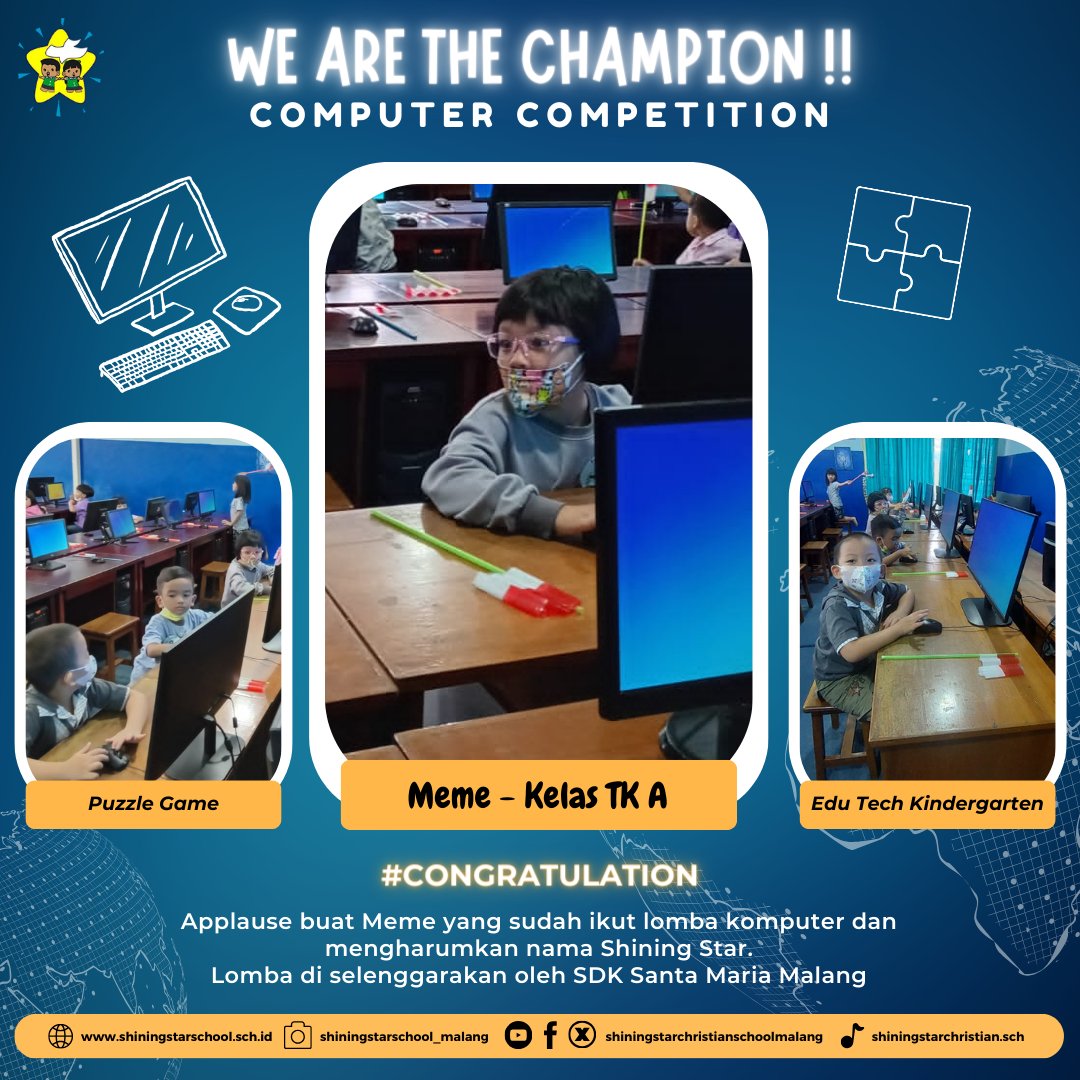 ShiningStarChr1's tweet photo. Unit KB TK
Congratulation Kids
sudah mengharumkan nama Shining Star di ajang Lomba :
- Komputer
- Mewarnai
- Fashion show
- Baca puisi
.
#codingkids
#computerkids
#shiningstarchristianschoolmalang
#mengharumkannamasekolah
#funcomputer https://t.co/jGSXfs4Bqo