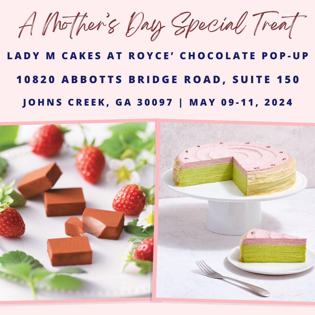 Treat #Mom to something special at the upcoming Lady M Cakes pop-up at our Johns Creek, GA boutique!
⁠
Pre-order: bit.ly/roycexladymatl…
⁠
#roycechocolate #HowJapanDoesChocolate #JapaneseChocolate #dessert #sweet #chocolatelover #shopping #popup #Atlanta #GreaterAtlanta