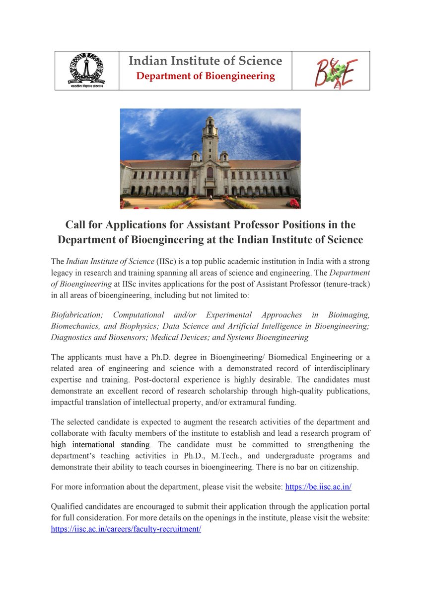 Exciting opportunity alert: Applications are now open for the Assistant Professor position in the Department of Bioengineering, IISc. If you're passionate about research and teaching in this field, we want to hear from you! Apply now! iisc.ac.in/careers/facult… @iiscbangalore
