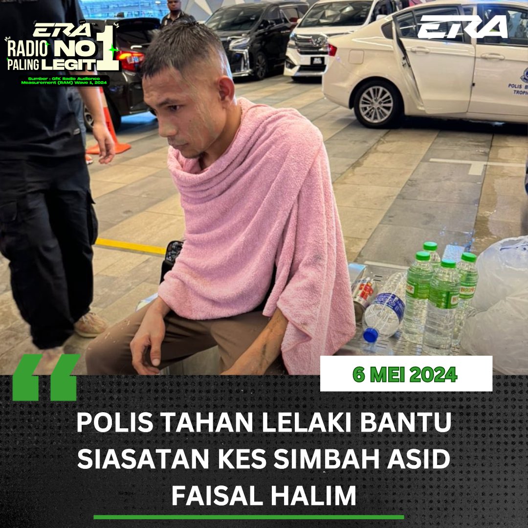 Seorang lelaki diberkas pada Ahad untuk siasatan kejadian simbah asid terhadap pemain bola sepak kebangsaan, Faisal Halim di sebuah pasar raya dekat Kota Damansara, Petaling Jaya #sharERA #ERARadioNo1PalingLegit Sumber @501awani