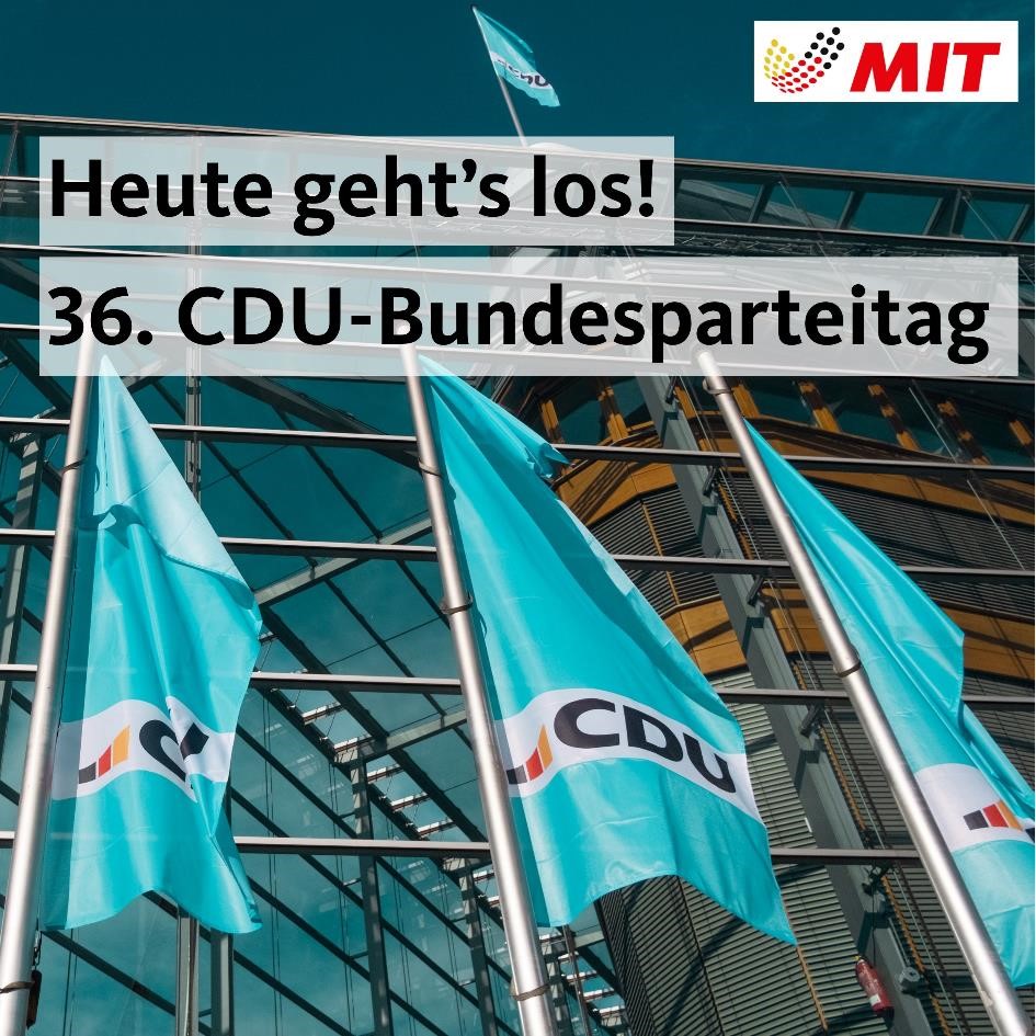 Gleich startet der 36. Bundesparteitag (#cdupt24) der @CDU unter dem Motto „Zukunft gemeinsam gewinnen“. Bis Mittwoch gibt's volles Programm, heute u.a. eine Menge Sachanträge - auch von uns: z.B. zu Werbeverboten, zur Zeitarbeit und zur GWB-Novelle. 👉 mit-bund.de/beschluesse-bu…