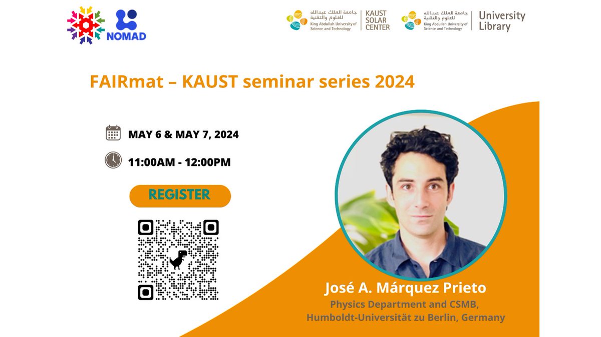 TODAY! Don’t miss out the FAIRmat – KAUST seminar series For more information: pse.kaust.link/MR3K Time: 11:00am – 12:00pm Venue: Online webinar Registration: kaust.libcal.com/event/12366981