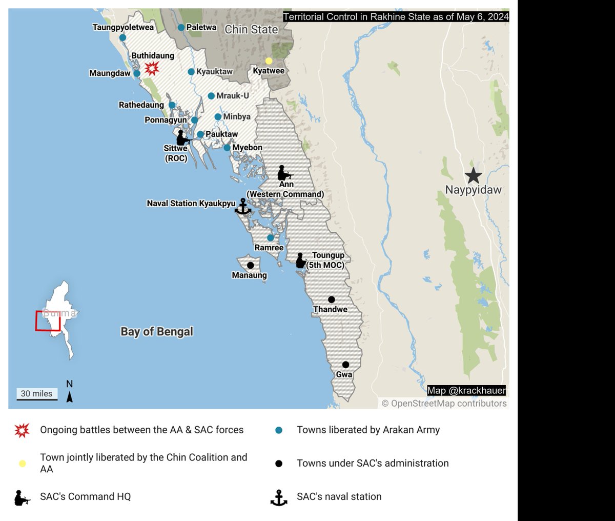 As of May 6, 2024, the #AA controls almost the entire northern #Rakhine. Buthidaung seems poised to fall soon as well. The most challenging trophy in northern Rakhine State is #Sittwe, home to the Regional Operations Command — a well-fortified fortress that the regime will defend…