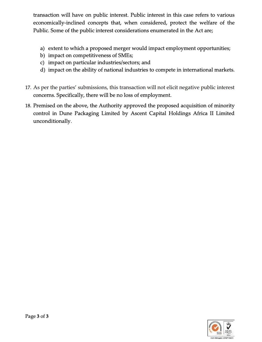 6. The Competition Authority of Kenya [@CAK_Kenya] has unconditionally approved Ascent Capital Holdings Africa II Limited's acquisition of minority control (49% in Dune Packaging. Dune Packaging is a Kenyan company that specializes in manufacturing paper packaging materials.
