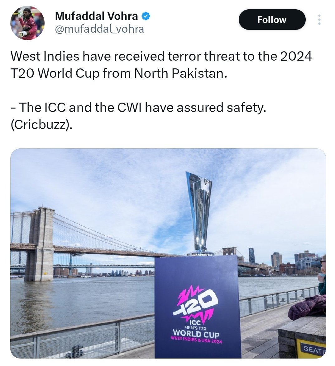 What's your opinion on this , venue should be changed or t20wc should called off 
#T20WorldCup24 #T20WorldCup #T20WorldCup2024  #TerroristAttack #PBKSvsCSK