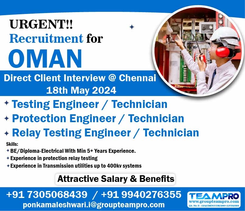 #urgentrecruitment #omanjobs #omanjobseekers #testingengineer #relaytesting #protectionrealy #protectintechnician #electricaltechnician #immediatejoiners #directinterview #shortlistingunderprogress