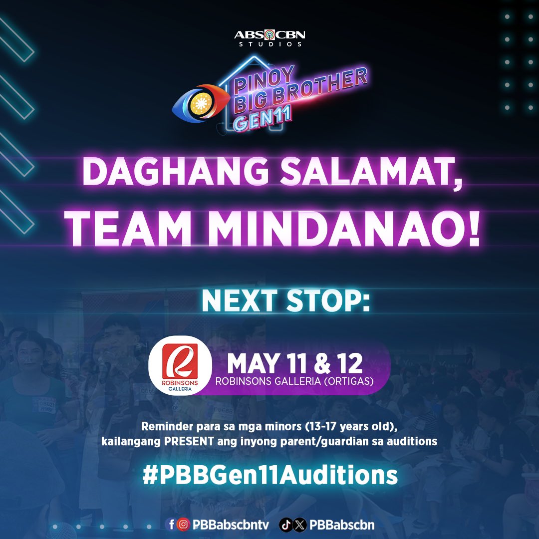 And that's a wrap for our Mindanao PBB Auditions! Daghang salamat, mga Bisdak! Metro Manila, kitakits uli this coming May 11 and 12 on Robinsons Galleria! Reminder para sa mga minors (13 to 17 years old), kailangan na present ang inyong parent o guardian sa venue para…