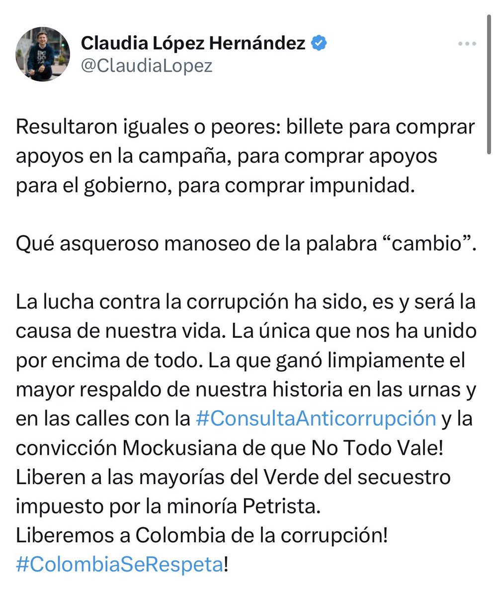 Según la matriz de colaboración que tiene lista Olmedo López, Carlos Ramón González dio la orden para comprar congresistas para que votaran las reformas de Petro. Él es el gran jefe político en la Alianza Verde, el mismo partido de Claudia López. González es gran amigo de Iván…