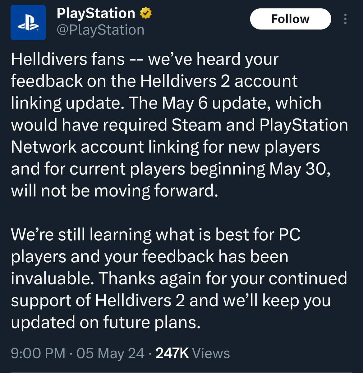Sony will now NOT be requiring PC players to sign into PSN to play Helldivers 2.
