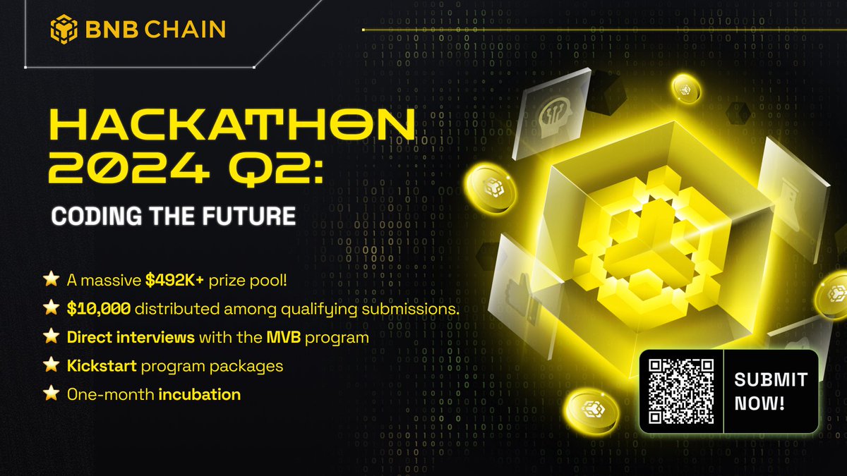 🚀Join the #BNBChainHackathon2024 Q2: CODING THE FUTURE! Here's why you shouldn't miss it: ⭐ Over $492K in prizes! ⭐ $10,000 awarded to qualifying submissions. ⭐ Direct interviews for the MVB program. ⭐ Kickstart program packages. ⭐ One-month incubation. Only 10 Days LEFT!