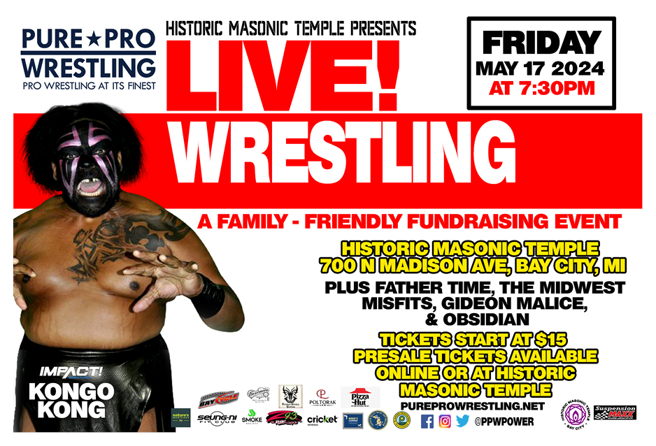 Mark your calendars for May 17th! PPW returns to the @HMTFriends of #BayCity for a night of wrestling action and family-friendly fun! 

Grab your tickets now!: pureprowrestling.net/masonic-temple…

#prowrestling #wrestling #michigan #indiewrestling #tickets