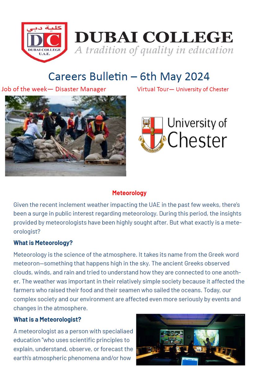 Our #careersbulletin this week explores #Meteorology & professions linked to understanding the #atmosphere. We also look at #careers related to #climatechange & which of these careers are experiencing growth. 
@dubaicollege #careerseducation #careerdiscovery #LMI #yourfuture