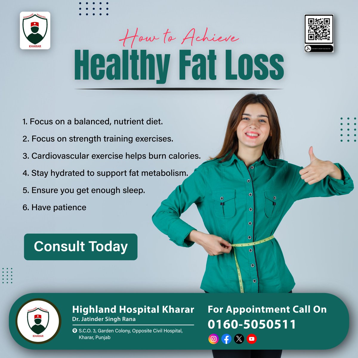 Healthy fat loss is not a destination, it's a journey! With #HighlandHospitalKharar, learn how to achieve healthy #fatloss and #transform your #lifestyle. Remember, it's not about being #skinny, it's about being #healthy!
.
#Kharar #Mohali #DrJatinderSingh #Besthospital #Fit