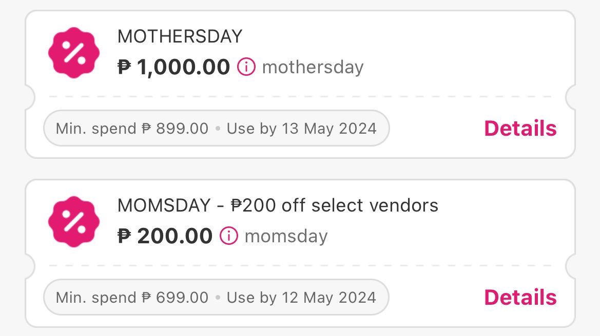 foodpanda PH vouchers!

🐼 Claim and use here: bit.ly/3xE4y8A

Try niyo po itong vouchers kung pwede sa inyo:

🏷️ MOMSDAY — ₱200 off
*May 2 to 12!

🏷️ MOTHERSDAY — ₱1,000 off
*May 6 to 13!
