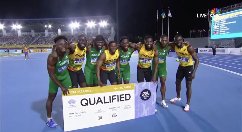 Ghana’s men 4x100m relay team wins their heat with a time of 38.29s (SB) and have automatically qualified for the Olympic Games in Paris. #WorldRelays2024 #KobbyKyeiSports