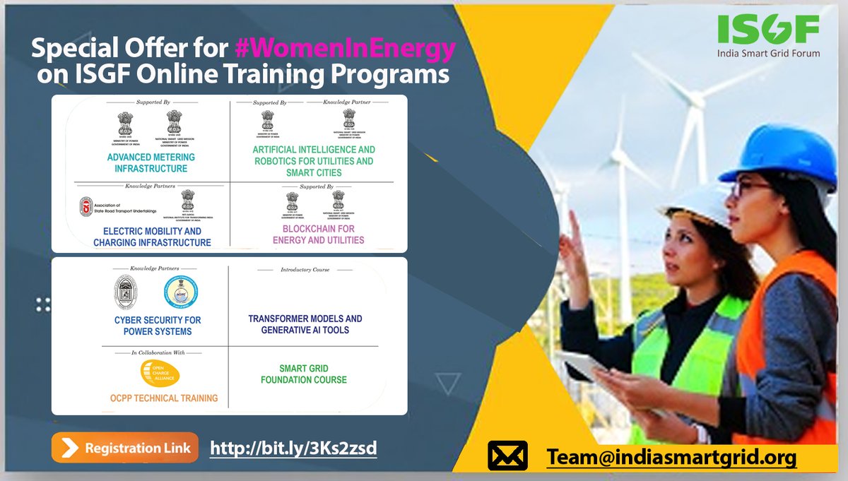 ISGF Empowering #WomenInEnergy | It is important to Mentor, Nurture and Train more #Women folks as they enter the workforce. ISGF is pleased to extend a 50% discount to skill #WomeninEnergy on its Online Training Programs 

📧 Team@indiasmartgrid.org

🔗:  ow.ly/SffQ50Nyflu