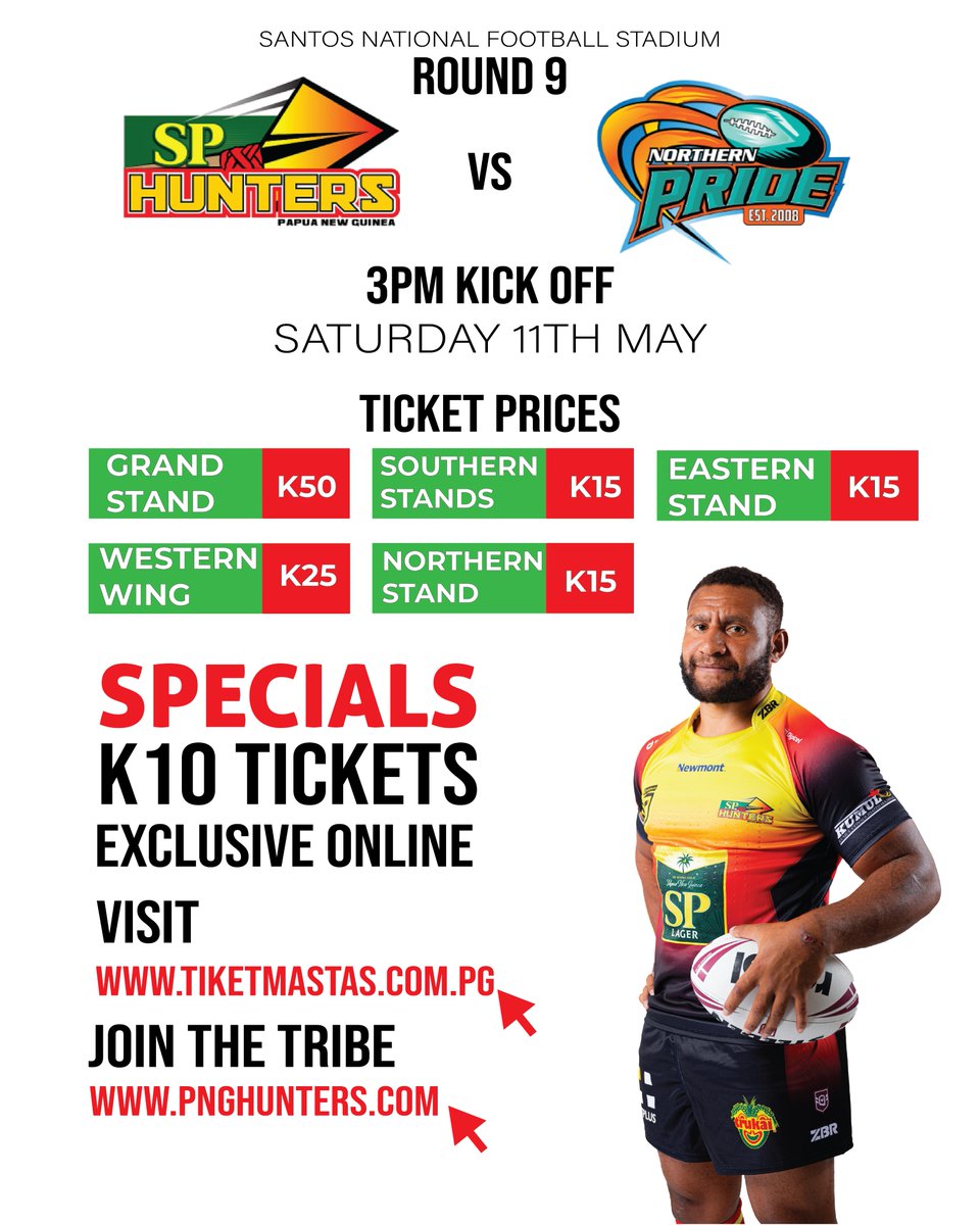 It's GAME ON! Round 9 here at the home of rugby league!
Watch the SP PNG Hunters vs Northern Pride live at the Santos National Football Stadium this Saturday 11th of May.
🏹🏹✅🫡🏉

K10 Tickets online: 👇👇👀
tix.tiketmastas.com.pg/Events/SP-PNG-…

#jointhetribe #jointhehunt