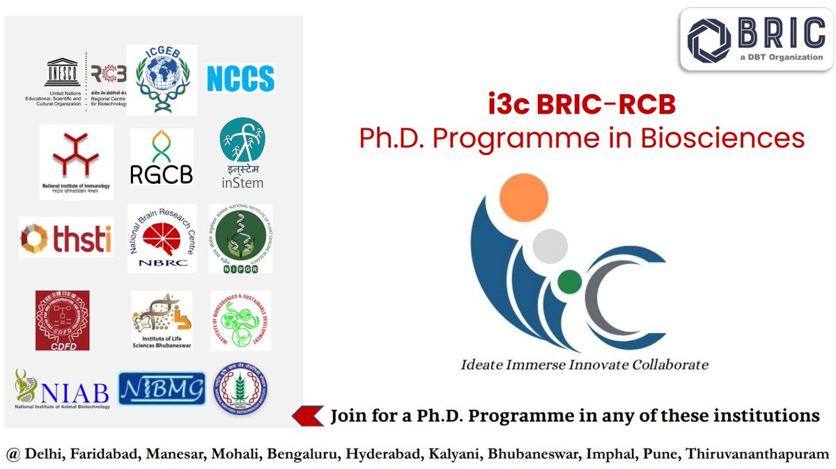The application for i3C BRIC-RCB #PhD programme in biosciences is now live on rcb.res.in/i3c/about.php. It offers an extensive learning & professional networking opportunity @DrJitendraSingh @rajesh_gokhale @unescorcb @ICGEBNewDelhi @DBT_NCCS_Pune @FollowDbtNibmg @THSTIFaridabad