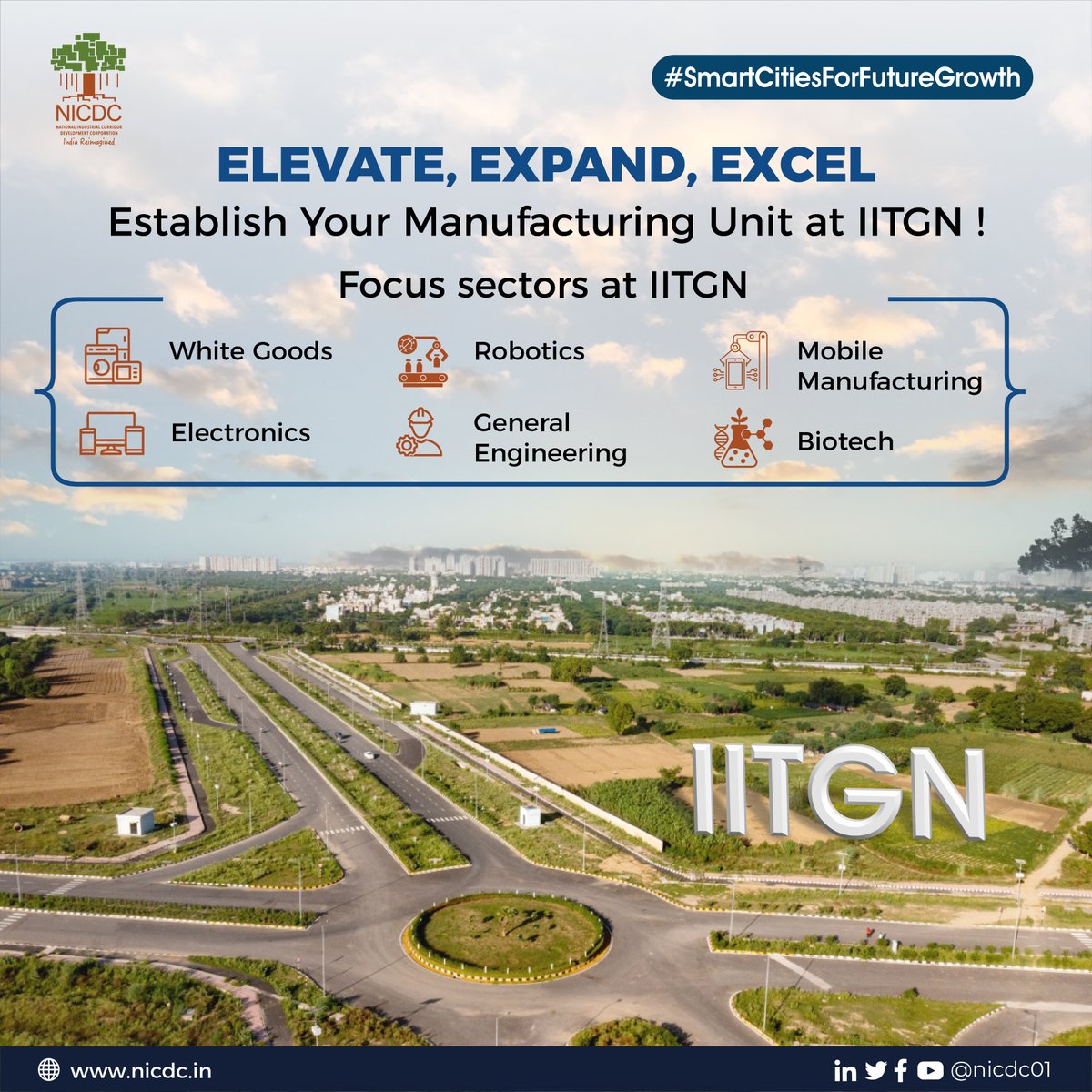 #IITGN #NICDC #IndiaReimagined 

Integrated Industrial Township, Greater Noida is a meticulously planned township and is home to industries such as Mobile Manufacturing, Electronics Manufacturing, White Goods, etc.