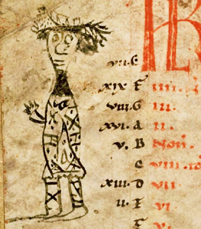 Wild-haired, surprised and waving from the margins - Another doodle from an early 12th century manuscript, Paris, Bibliothèque Sainte-Geneviève, Ms. 95, f. 3v