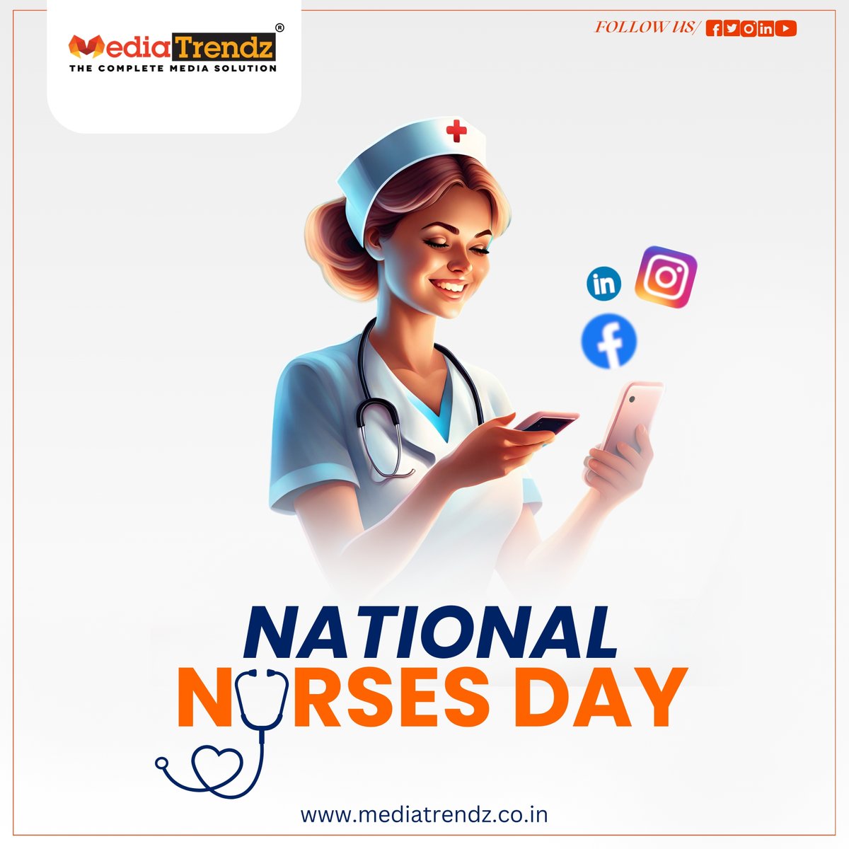 Today, we celebrate the heartbeats of healthcare 🧡💙👩‍⚕️ 
.
Nurses are not only on the frontline but also active on social media, connecting, educating, and inspiring
.
#MediaTrendz #NationalNursesDay #HealthcareHeroes #NurseLife #ThankANurse #FrontlineHeroes #NurseAppreciation
