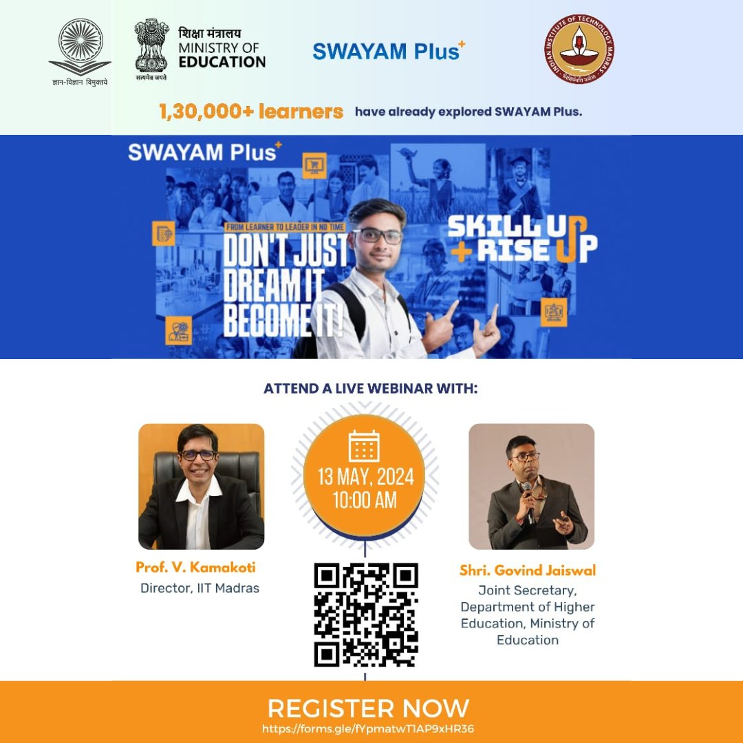 Dive into Lifelong Learning with high-quality industry-endorsed content. 1,30,000➕learners have already joined the Swayam Plus 📖! 📢Join the Live Webinar on 📅13th May, 2024 ⏲️10:00 AM #UGC #Swayam #SwayamPlus #Learning #Education