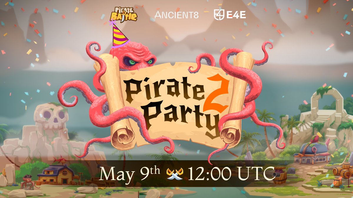 The next #E4E_PirateParty is coming⛵️🏝️where we dive into @PirateClash_HQ - the @X-based game on @Ancient8_gg chain👏 Join stream activities & win $USDC prizes🎁 Learn about: Public beta🏴‍☠️ Leaderboard🏆 Free $ETH faucet⛽️ and more! 🔸 🗓️ May 9, 12:00 UTC 🔸 📺 Twitch: E4E_GG
