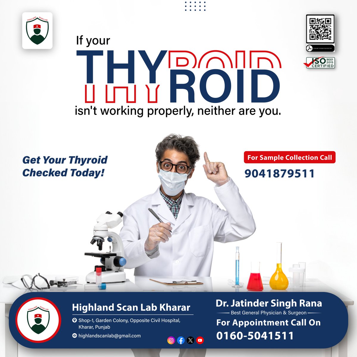 Don't let your #health take a backseat! Get your #thyroid checked today at #HighlandScanLab. Because when it comes to health, every detail matters. Take the first step towards a healthier you!
.
 #bloodtest #Drjatindersingh #Diagnostics #kharar #pathology #Xray #Health #Checkup