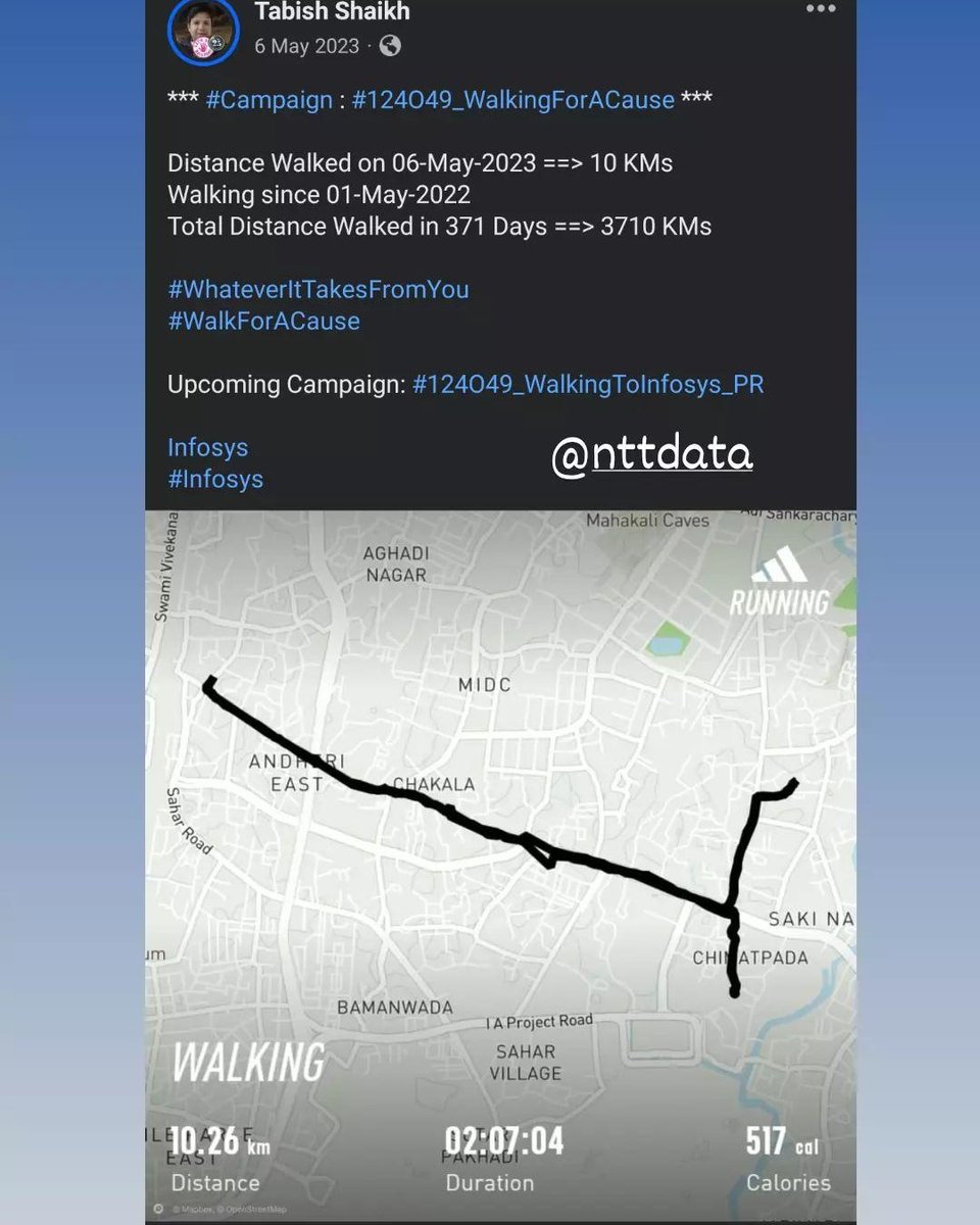 *** #Campaign : #124O49_WalkingForACause ***

Distance Walked on 06-May-2023 ==> 10 KMs
Walking since 01-May-2022 
Total Distance Walked in 371 Days ==> 3710 KMs

#WhateverItTakesFromYou
#WalkForACause 

Upcoming Campaign: #124O49_WalkingToInfosys_PR 

@Infosys
#Infosys

@NTTDATA