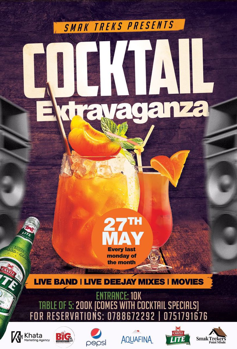 What’s Good Yo! TONIGHT We Activate @smaktrekkers [Every Single Monday] Till 27Th May Fii Dat Great Experience | 

RSVP: 0788672292| Tax: 10K | Table Of 5 At 200K [Comes With Whiskey & Cocktail Specials] 

#CocktailExtravaganza #MondaysAtSmak #CocktailGenious #BeyondExpectations