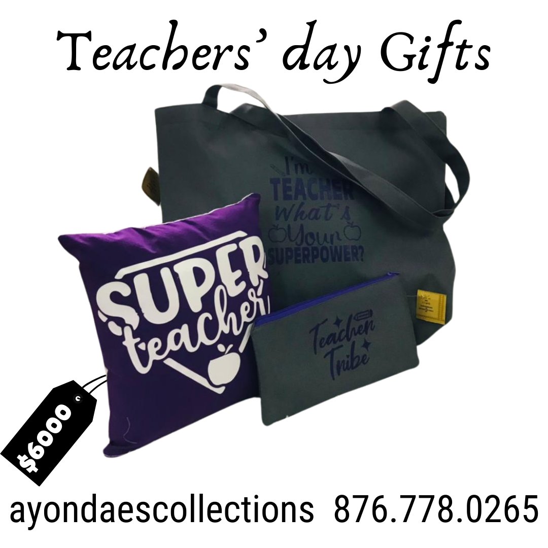 Shop our curated collection for the perfect Teachers' Day present.

Set includes:
-Large Teacher Tote
-10' Cushion
-Pencil Case

Cost: $6000

Island wide Delivery
Pick up @9 Dome St Shop 7
Montego Bay
Call/Whatsapp 876.778.0265

 #teachersdaygift #ayondaescollections