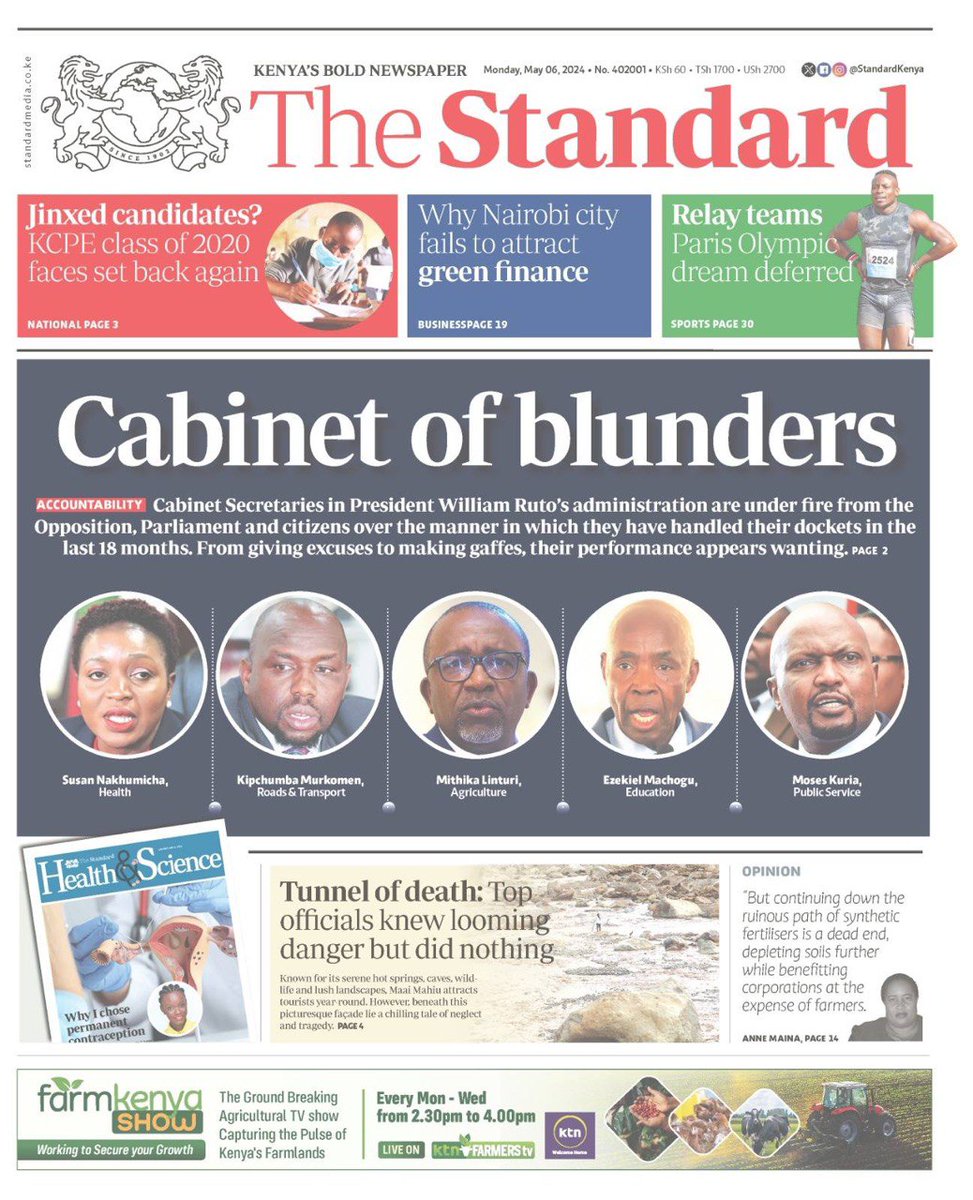 #KENYA: Magazetini Leo... Taifa Leo, The Standard, Daily Nation, The Star Jumatatu, Mei 6, 2024