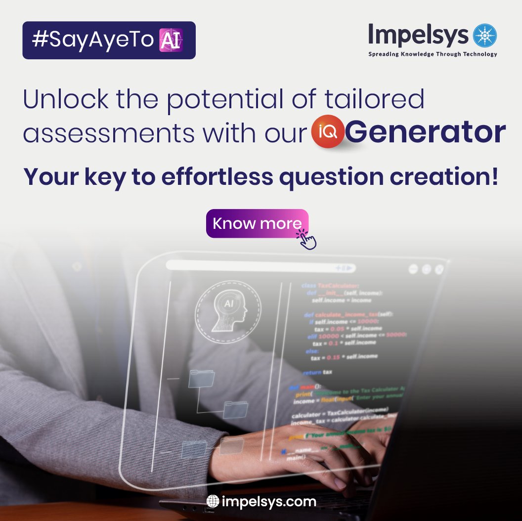 Our Intelligent Question Generator™, harnesses the power of AI and NLP to transform the way instructors create assessments. Know more at: impelsys.com/products-and-p…
#Impelsys #SayAyeToAI #AI #ML #DigitalTransformation #ClinicalDataAbstraction #ClinicalData #MedicalResearch #NLP