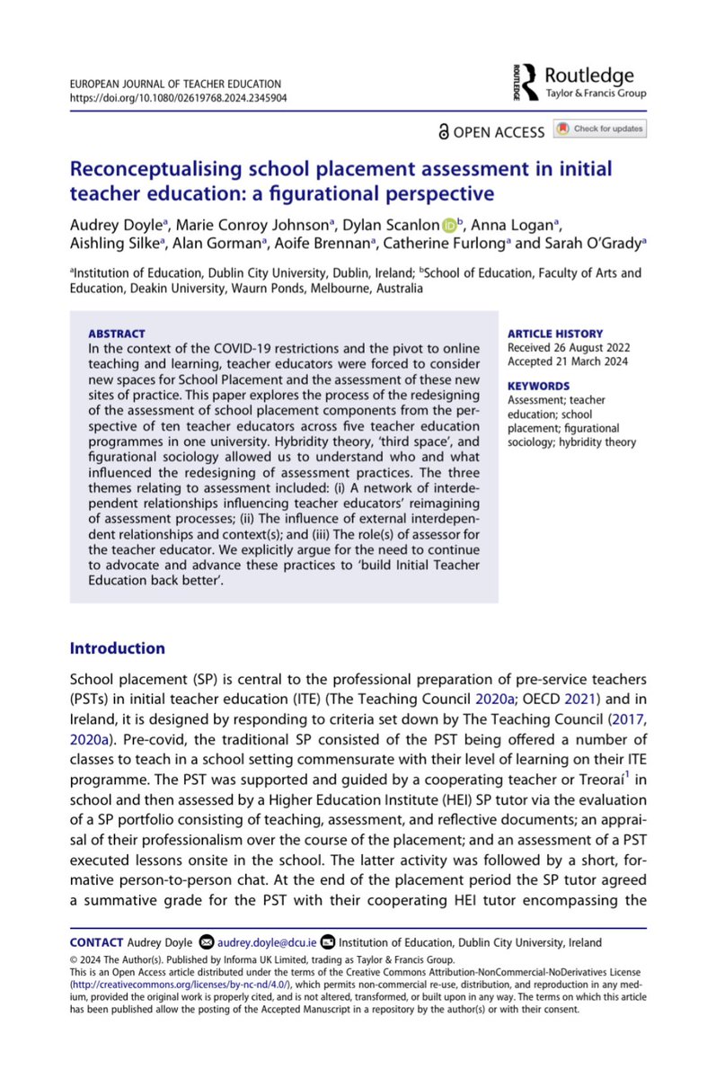 🚨 New pub w/ @DCU_IoE colleagues (Open Access in Special Issue in EJTE): Fig. soc. used to explore reconceptualising school placement assessment in ITE (lessons learned for the Irish context within!) @Audrey_MDoyle @logananna11 @AishlingSilke @alangorman22 @aoifebren123