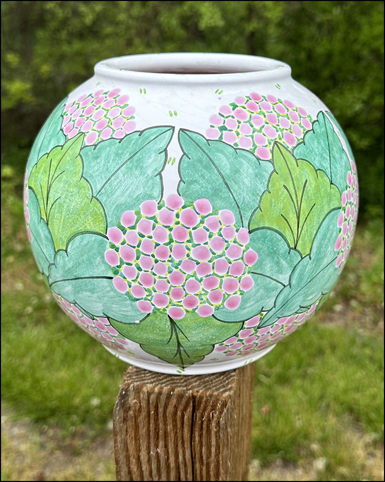 New in booth J1: Les Hurets French faience orb vase! #TwoGuysAndADog #LesHurets #MadeInFrance #FrenchFaience #HomeDecor #Maximalism #InteriorDesign #ArtPottery #PotteryVase #StudioPottery #Tableware #Spring #Flowers #FloralArrangement #MaximalistDecor #Faience