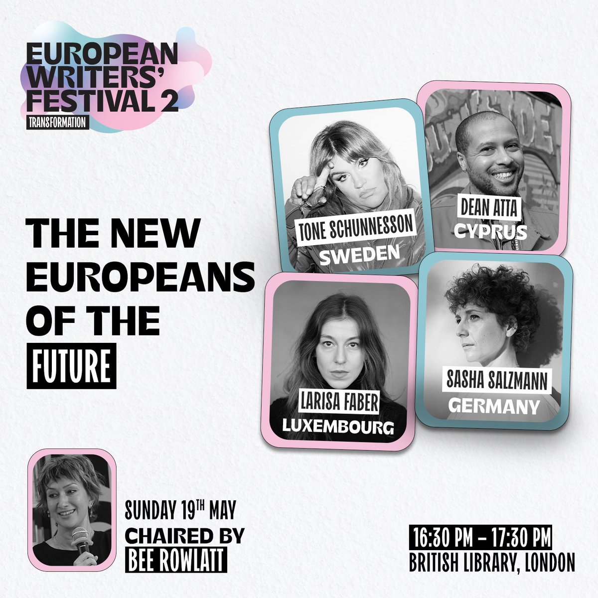 This Sunday @BeeRowlatt chairs EWF2's final panel with some of our favourite writers! @DeanAtta @LarisaFaber Tone, and Sasha talk about their craft, identity, home, and Europe @CyprusInUK @swedeninuk @LU_in_London @GermanEmbassy @eurolitnet @GoldRosie @eventsBL