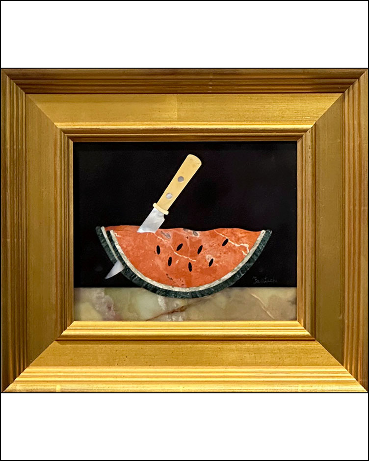Vintage Bruno Fantechi watermelon still life pietra dura for La Bottega del Mosaico available in B4. #TwoGuysAndADog #BrunoFantechi #PietraDura #StonePicture #Mosaic #Watermelon #StillLife #HomeDecor #Maximalist #InteriorDesign #MidCenturyModern #MadeInItaly #MCM #GiltFrame