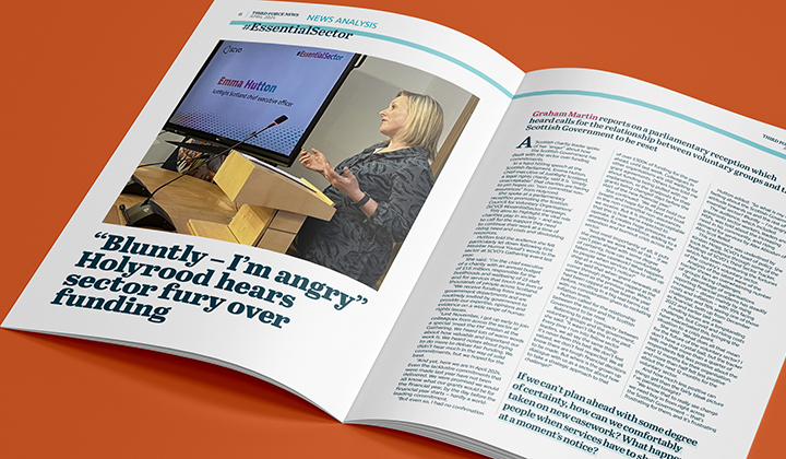 TFN is @scvotweet's magazine for the voluntary sector.
 
This month a report on the #EssentialSector event at Holyrood, where speakers including @emmaleehutton and @KirstenHogg spoke about the tough funding challenges facing the sector. 

Read it here: okt.to/NjYyXH