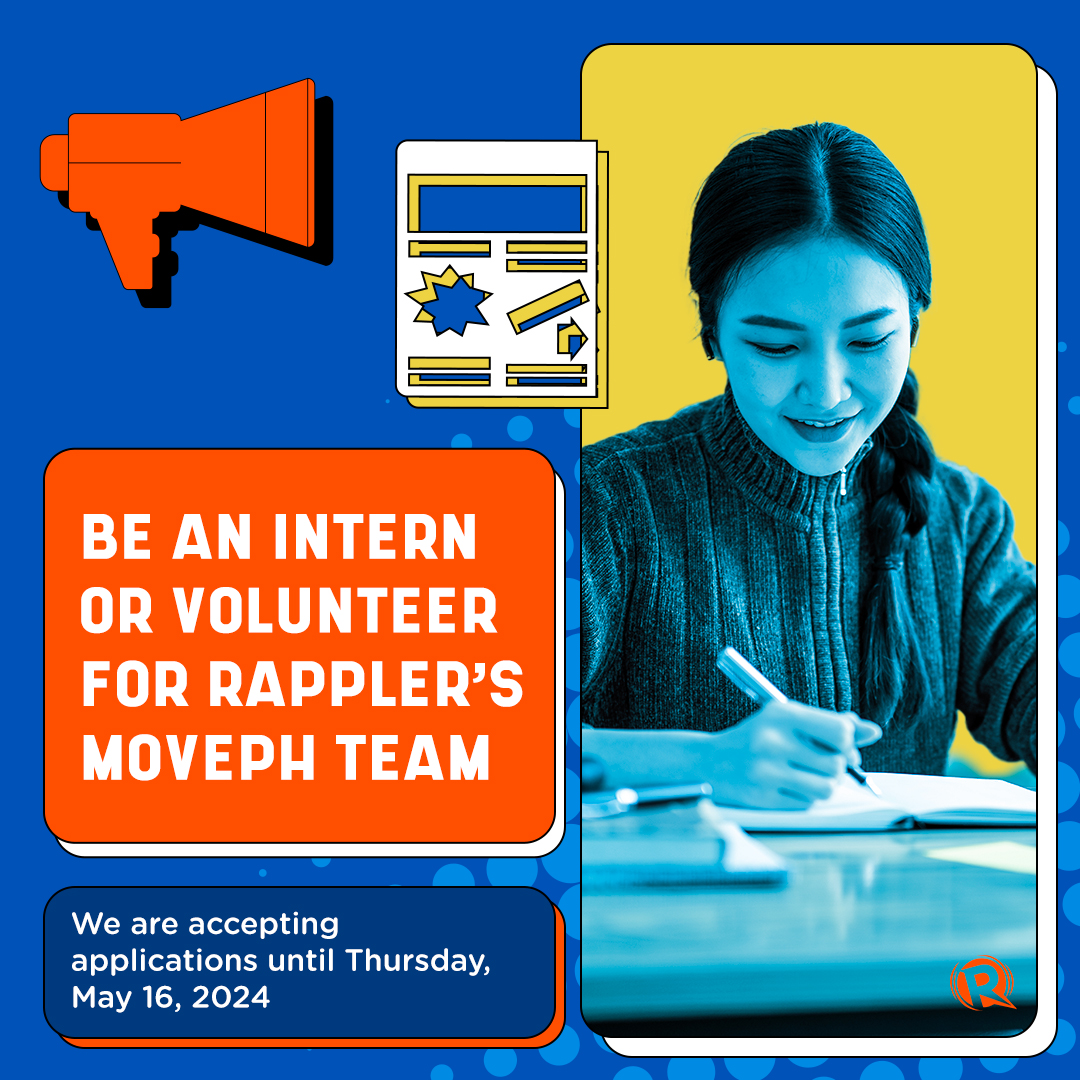 Mobilize communities of action with us and spark the next social movement. Be a Rappler intern or volunteer for MovePH. APPLY HERE: trib.al/2Nnigtk