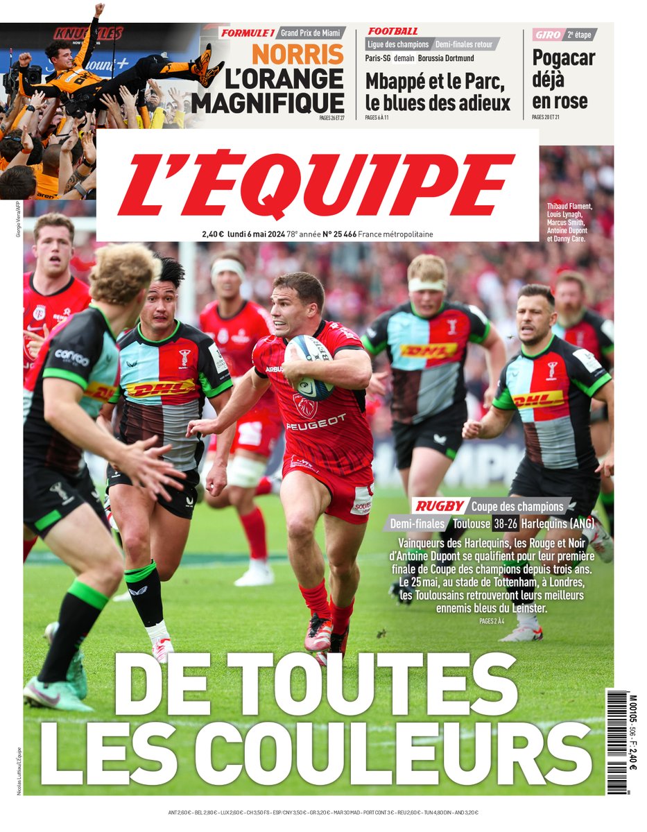 🗞️ « De toutes les couleurs » : la une du journal L'Équipe du lundi 6 mai 2024 Pour consulter l'édition : ow.ly/oOvS50RwXH5