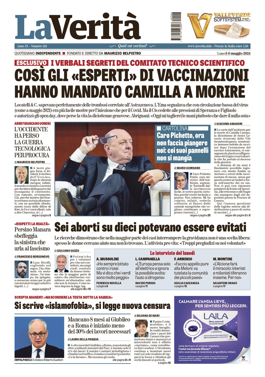 #LaVeritàdioggi 

Così gli «esperti» di vaccinazioni hanno mandato Camilla a morire

🗞️ Sei aborti su dieci potevano essere evitati
🗞️ L’Occidente ha perso la guerra tecnologica per procura
🗞️ Si scrive «islamofobia», si legge nuova censura

social.laverita.info/sfogliatore