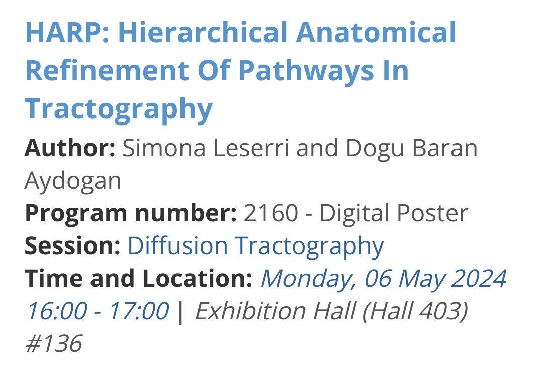 🧠 #ISMRM24, today at 4pm, don't miss out @LeserriSimona 's work on HARP! Our new, very simple yet powerful strategy to improve whole brain #tractography 👇