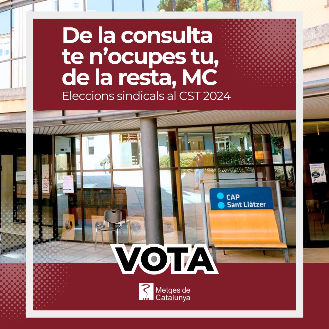 #EleccionsCST2024

Volem que tu només t'hagis de preocupar del control de les patologies dels teus pacients. De les teves condicions laborals i retributives, deixa'ns que ens n'ocupem nosaltres!

El 8 i 9 de maig, vota't!
Vota Metges de Catalunya!