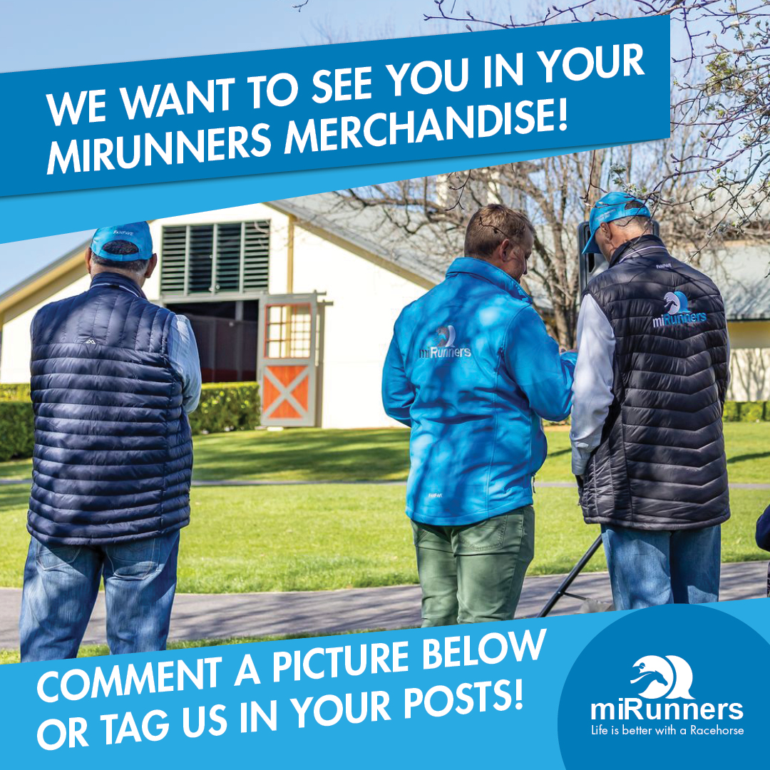 Time to flaunt your miRunners merchandise! 👕 Show off your miRunners merchandise by posting a picture in the comments or tagging us in your photos! We can’t wait to see them! 📸 #mirunners #lifesbetterwitharacehorse #racehorseownership #horseracing #australianhorseracing