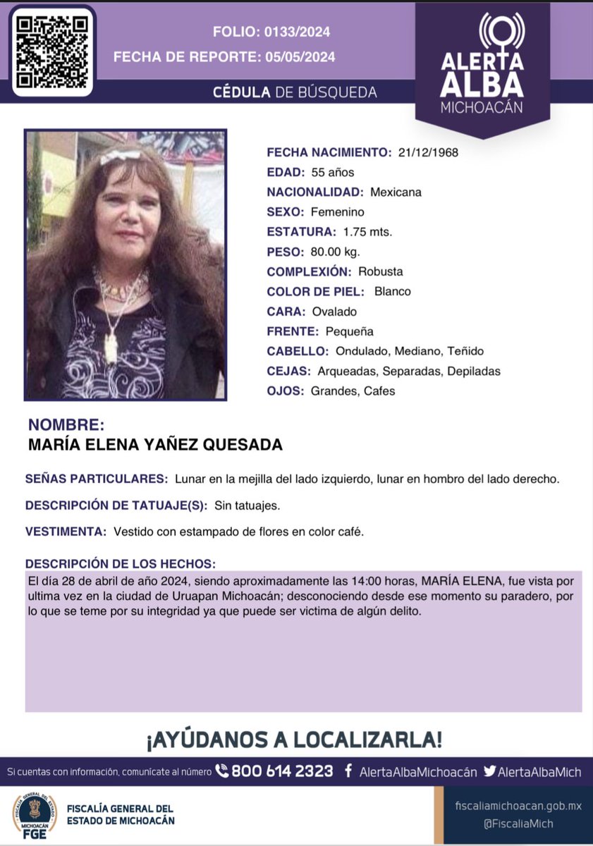 ⚠️🟣 Solicitamos su apoyo para la búsqueda y localización de MARÍA ELENA YAÑEZ QUESADA de 55 años de edad. #Comparte #AlertaAlba #AlertaAlbaMichoacán #AyúdanosAEncontrarla #FGEMich @botDesaparecidx