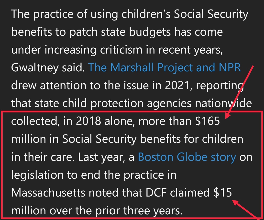 MASSACHUSETTS 
#SAVEOURCHILDREN 
#DefundCPS 

'The money held by DCF will be returned to the Social Security Administration, and recipients can request it from the federal agency once they leave foster care.'

msn.com/en-us/news/us/…