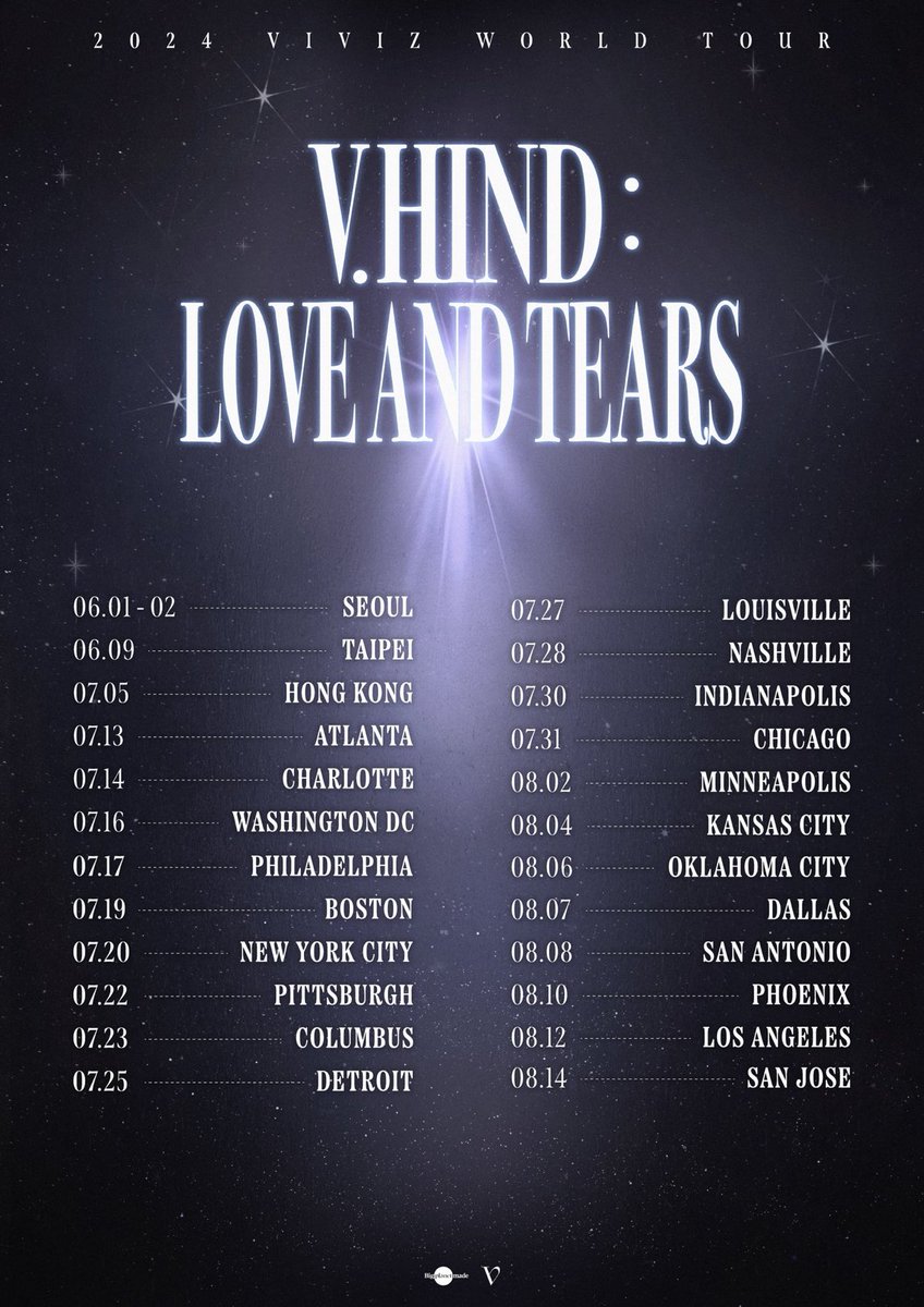 ตาราง VIVIZ WORLD TOUR [V.hind: Love and Tears] จะเริ่มที่โซล🇰🇷 ในวันที่ 1 มิถุนาและจบที่ซานโฮเซ่🇺🇸 ในวันที่ 14 สิงหาคม