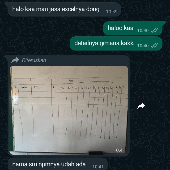 hai aku udh open joki resume, makalah, daftar pustaka, daftar isi, joki tulis, joki ketik, masukkan data Excel, rapihin skripsi, halaman, lampiran, cover, watermark, dll.
• dikerjain rapi ga asal-asalan kok✨

#zonaba #zonauang #jokitugas